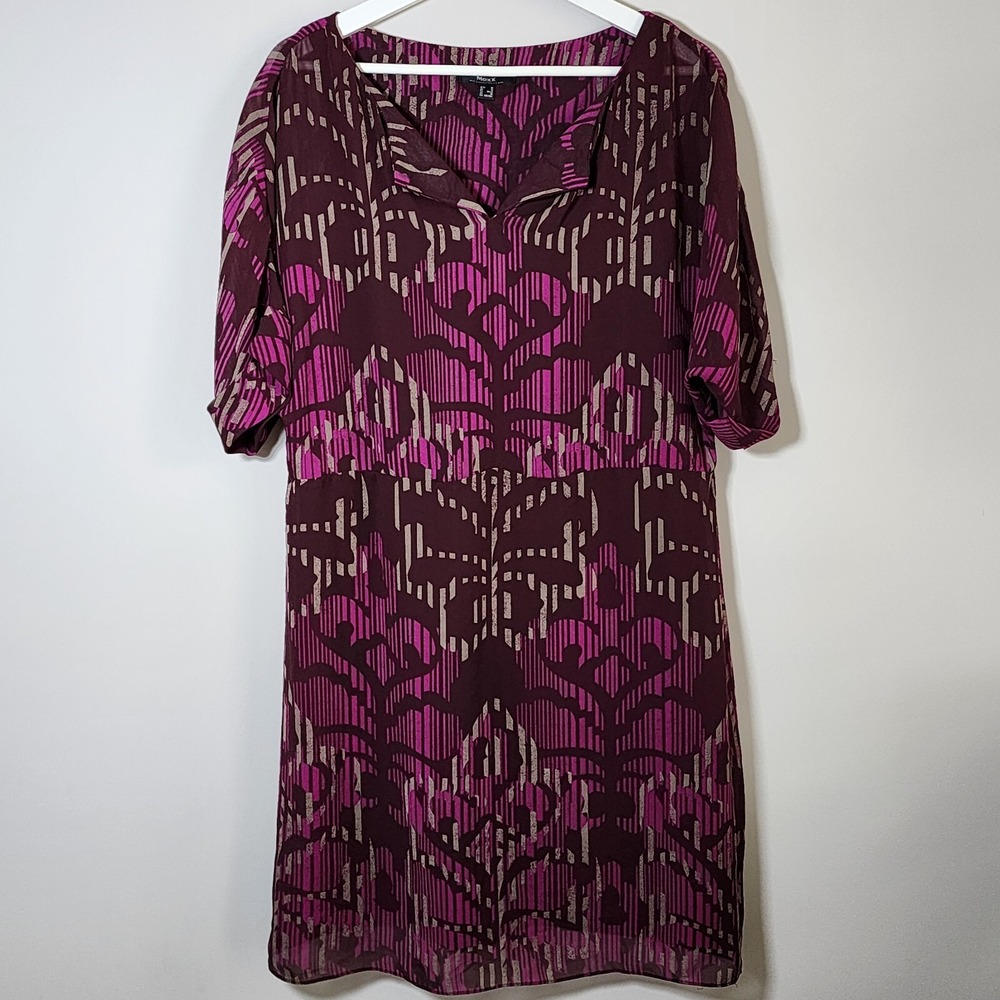 MEXX Dress Womens 6 Pink Burgandy Silky Elegant Ikat Fleur De Lys All Over Print